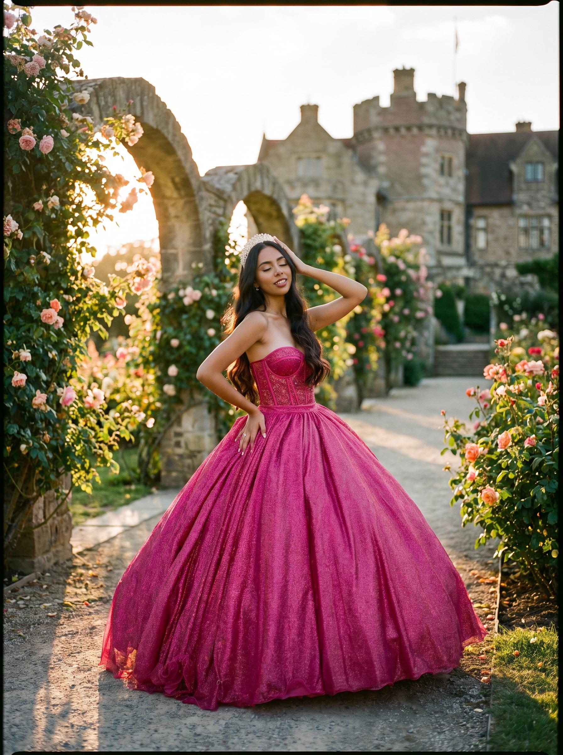 Debutante usando vestido de festa MVTeen em jardim ao entardecer